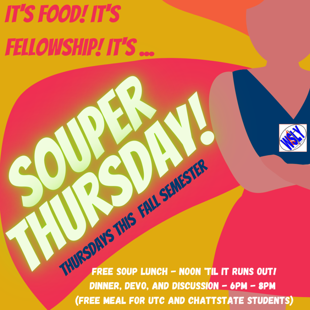 The banner image for Souper Thursday. A girl with a hero's cape that reads "Souper Thursday: Thursdays this Semester"